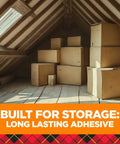 Boxes sealed with Heavy Duty Clear Packing Tape With Refillable Dispenser in an attic storage, showing long-lasting adhesive.