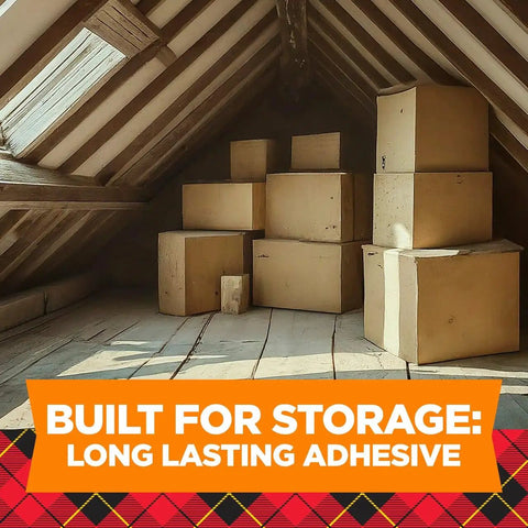 Boxes sealed with Heavy Duty Clear Packing Tape With Refillable Dispenser in an attic storage, showing long-lasting adhesive.