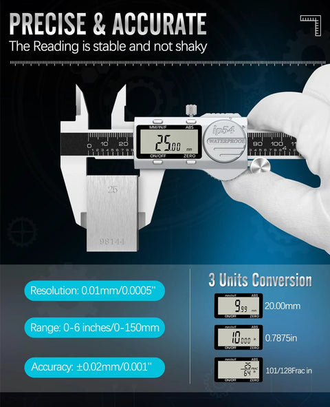 Front view of a 12-inch stainless steel digital caliper with LCD display measuring a metal block.