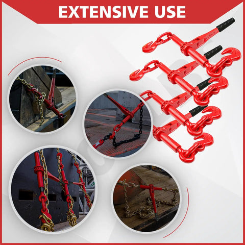 Heavy Duty Ratchet Chain Binders 5/16 To 3/8 Inch 5400 Lbs Safe Working Load 4 Pack With 2 Grab Hooks Tie Downs for cargo