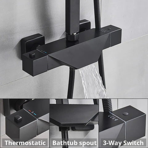 UMJIGF 8 Inch Black Shower System Thermostatic Waterfall Shower Faucet Set featuring bathtub spout and 3-way switch.