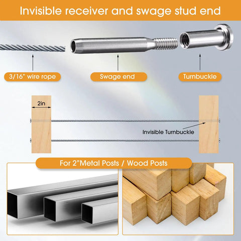 Diagram of 80 Pack Invisible Cable Railing Kit With Stainless Steel Three Sixteenth Inch Receiver And Swage Stud End Swage Tensioner One Eighth Inch For Wood And Metal Posts Hardware Silver