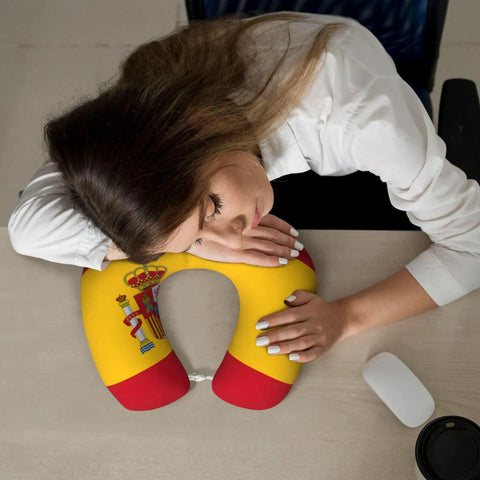 Woman napping on Spanish Flag Print U Shaped Travel Pillow With Memory Foam Core For Napping On Planes Cars Trains Home Or Office And Cervical Neck Support For Relaxed Comfort
