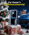 Beefy 6000A Jump Starter With Air Compressor And Tire Inflator Portable Car Jump Box beside Christmas gifts and tree.