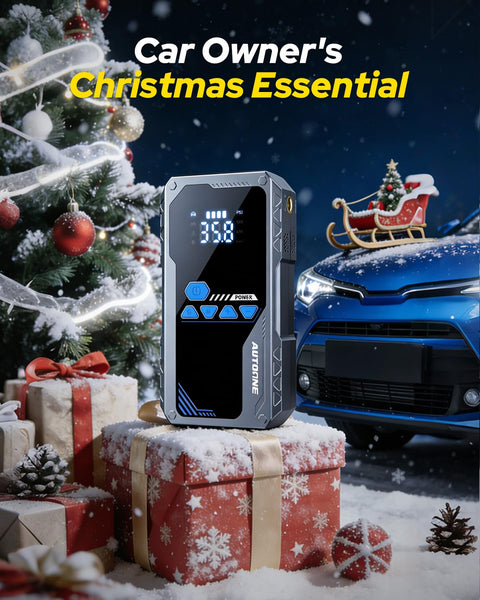 Beefy 6000A Jump Starter With Air Compressor And Tire Inflator Portable Car Jump Box beside Christmas gifts and tree.