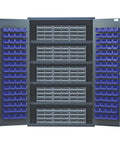 Heavy Duty Grey Specialty Cabinet Featuring Fifteen QIC Slots And One Hundred Twenty Eight Slick Storage Bins Top Shelf Modular Shop Rack for garage parts sorting, with open doors and view of bins.