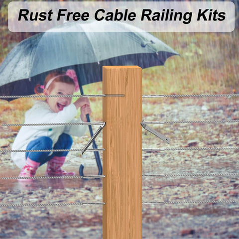 Deck Cable Railing Kit With Right And Left Handed Swage Lag Screws For Wood Posts One Eighth Inch Stainless Steel T316 Marine Grade Rustproof DIY Baluster Rail Hardware Wrench Included installed on wood post