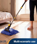 Person using Heavy Duty Wet Mop With Looped End Cotton Mop Head, Industrial Grade String Mop, Telescopic Iron Pole, Adjustable From 44.5 To 55.1 Inches, Jaw Clamp Floor Cleaning For Commercial Use on hardwood floor