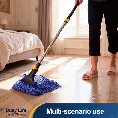 Person using Heavy Duty Wet Mop With Looped End Cotton Mop Head, Industrial Grade String Mop, Telescopic Iron Pole, Adjustable From 44.5 To 55.1 Inches, Jaw Clamp Floor Cleaning For Commercial Use on hardwood floor