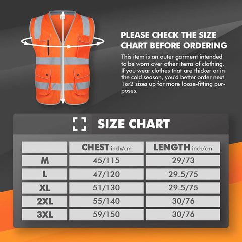 High Visibility Safety Vest With Nine Pockets Zipper Closure Padded Neck And 360 Degree Reflective Strips ANSI ISEA Type R Class 2 Yellow Size Large For Construction Roadwork And Outdoor Jobs size chart