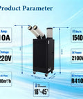 Heavy Duty 220V Industrial Air Conditioner 15400 BTU Portable Spot Cooler showing specs, including airflow and dimensions.