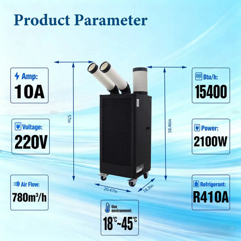 Heavy Duty 220V Industrial Air Conditioner 15400 BTU Portable Spot Cooler showing specs, including airflow and dimensions.
