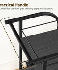 Close-up of the practical handle on the Black Three Tier Rolling Bar Cart Featuring Sturdy Safety Rails And Smooth Swivel Casters.