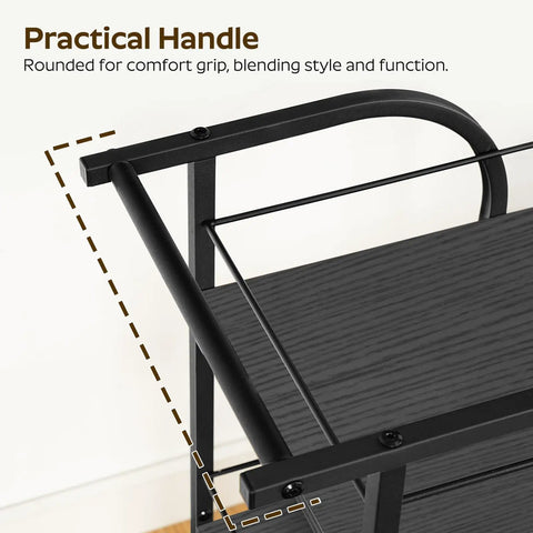 Close-up of the practical handle on the Black Three Tier Rolling Bar Cart Featuring Sturdy Safety Rails And Smooth Swivel Casters.