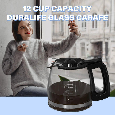 Front view of a 12-cup glass coffee carafe replacement pot with black handle for Hamilton Beach FlexBrew