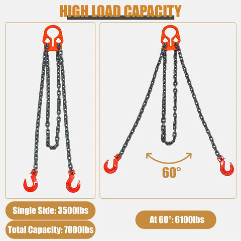 Noliven heavy-duty dual-leg lifting chains with adjustable hooks, 5/16 in x 10 ft, black steel with orange hooks
