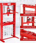 12 Ton Hydraulic Shop Press With Movable Press Plates H-Frame Floor Bearing Pro Grade shown in garage setting