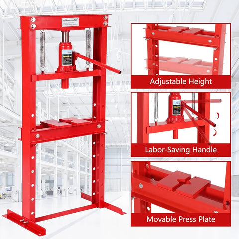 12 Ton Hydraulic Shop Press With Movable Press Plates H-Frame Floor Bearing Pro Grade shown in garage setting