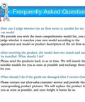 Frequently Asked Questions page about air flow meter compatibility, model exchange, and damage handling instructions.