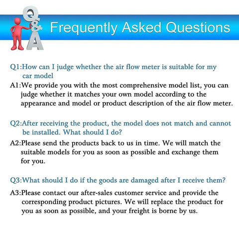 Frequently Asked Questions page about air flow meter compatibility, model exchange, and damage handling instructions.
