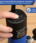 Close-up of speed control dial on Powerful 850W Plunge Router Kit For Woodworking With Soft Start, 11,500 to 32,000 RPM
