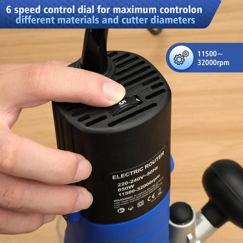 Close-up of speed control dial on Powerful 850W Plunge Router Kit For Woodworking With Soft Start, 11,500 to 32,000 RPM