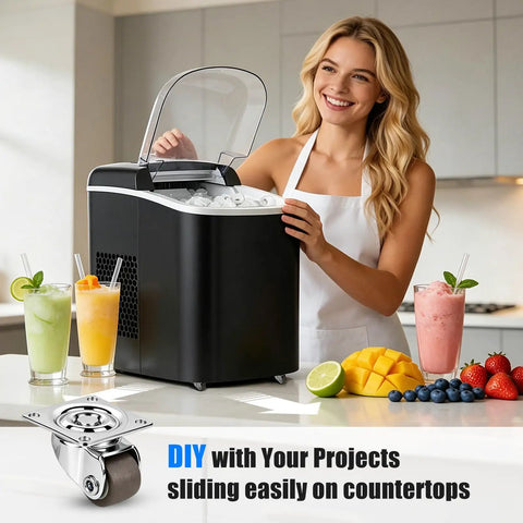 Tiny Half Inch Caster Wheels Set With 360 Degree Swivel Low Profile Plate Casters used under a black countertop appliance