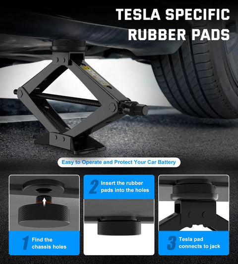 Tesla 2.5 Ton Scissor Jack Kit For Model Y Model 3 S X With 2 Tesla Specific Jack Pads displayed under a car lifted with jack pads