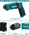 Solid Build 7 2 Volt Cordless Hex Driver Drill With Auto Stop Clutch And Dual Speed Settings and batteries, charger, tool case.