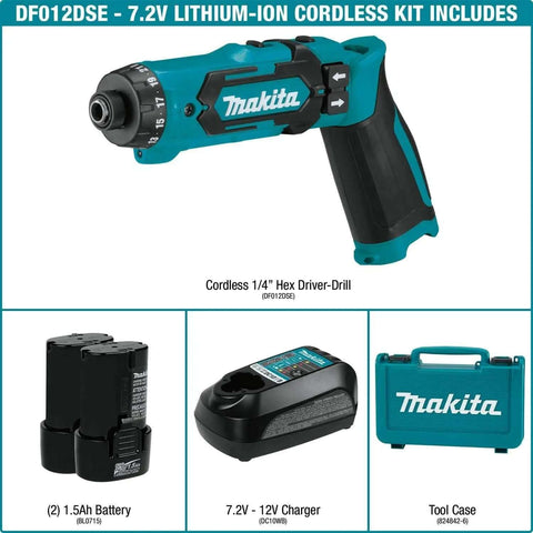 Solid Build 7 2 Volt Cordless Hex Driver Drill With Auto Stop Clutch And Dual Speed Settings and batteries, charger, tool case.