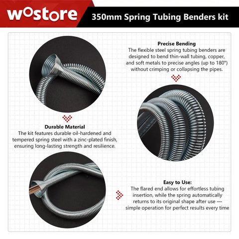 Wostore 5-Inch Tube Bender Set Fits 1/4-3/4 Inch Copper Piping showing detailed views of spring tubing benders kit, flexible steel material.