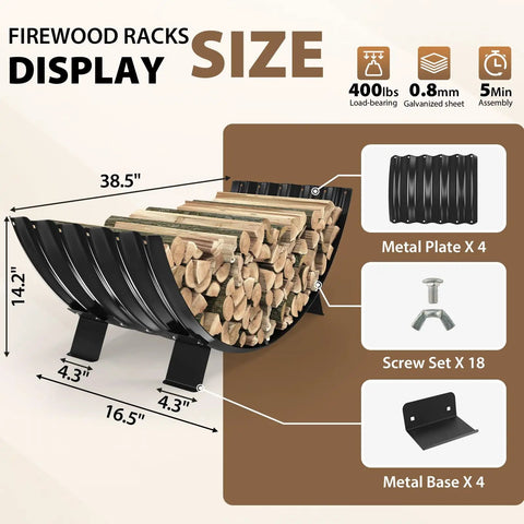 40 Inch Diameter Sector Firewood Rack Storage Built From 0.8Mm Thick Galvanized Steel with Wave Pattern and Four Stable Feet, with Logs