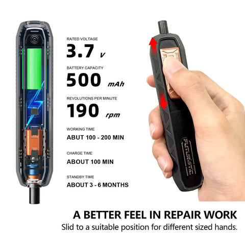 Electric Cordless Precision Screwdriver Kit 180 In 1 with ergonomic grip, showing internal battery and specifications.