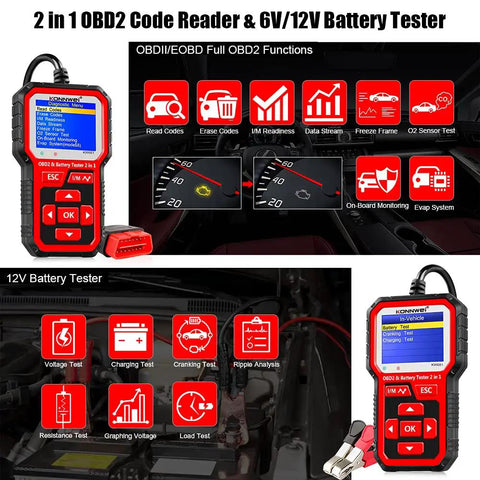 2 In 1 OBD2 Scanner And Battery Tester For 6V/12V Cars And Light Trucks, Car Diagnostic Scan Tool With Check Engine Codes, Live Data, O2 Sensor, Freeze Frame, Alternator Load Test, handheld with cable