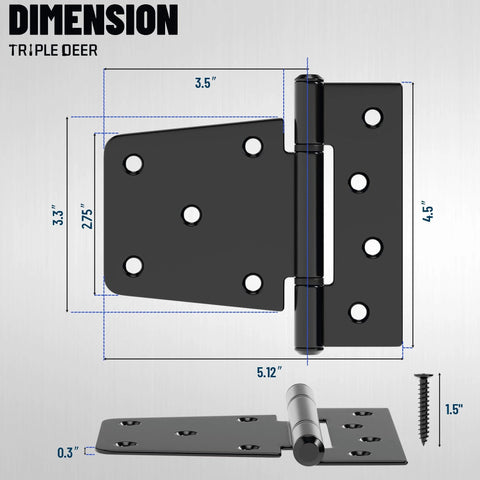 Image of 3.5 Inch Heavy Duty Gate Hinges with dimensions, showing extra thick straps, suitable for wood fence barn doors and sheds.