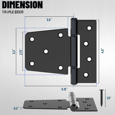 Heavy Duty Extra Thick Black Iron Gate Hinges 3.5 Inch displayed with dimensions for secure outdoor installation.