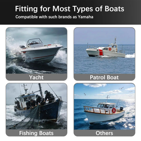 Hydraulic Steering Kit For Boats Up To 90HP With 24 Ft Hose System Pump And Cylinder No Helm Included showing compatibility with yachts, patrol boats, fishing boats, and others.
