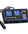 Tailgate Ready 200W Car Power Inverter With Dual 110V AC Outlets And Rapid 24W USB-C Charging For Weekend Warriors And Laptop Power On The Go Sleek Blue Finish, compact design with car plug.
