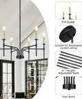 Black Farmhouse Chandelier With Six Lights For Dining Room And Kitchen Island, featuring adjustable rods and iron arms in a room setting.