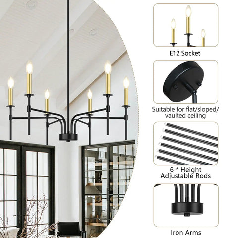 Black Farmhouse Chandelier With Six Lights For Dining Room And Kitchen Island, featuring adjustable rods and iron arms in a room setting.
