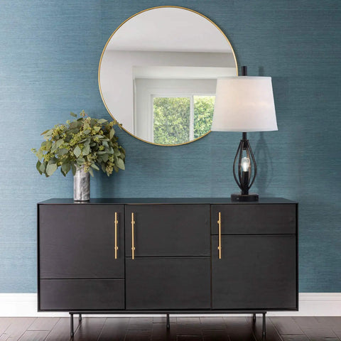 Set Of 2 Modern Farmhouse Table Lamps With USB Ports And Night Light on black console with mirror and plant