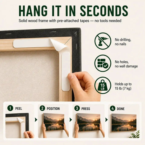 Instructions for hanging wall art with pre-attached tape, no nails needed, featuring image of glider over landscape.