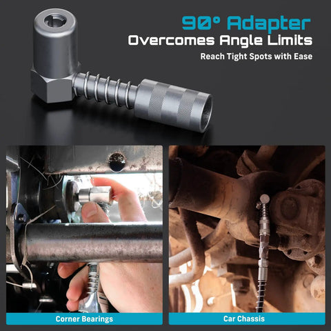 90-degree coupler for 10000 PSI Electric Grease Gun with 3 Speed Control, shown used on car chassis and corner bearings.