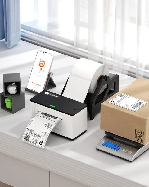 4x6 Thermal Direct Shipping Labels For Fast, Easy Packing, 500 labels per roll, shown with thermal printer and packages.