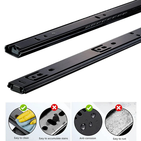 Beefy Heavy Duty Ball Bearing Drawer Slides 30kg Capacity For Kitchen Cabinets And Desks, Silent Metal Runners, Smooth 2 Section Guide Rails For Keyboard Trays, Includes Fixing Screws, black steel rails
