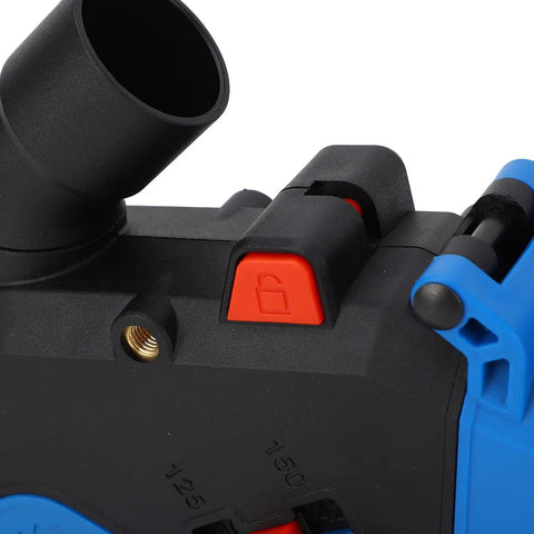 Close-up of Heavy Duty Angle Grinder Dust Collecting Guard showing lockdown feature and adjustable depth control for 4 and 5 inch tools.