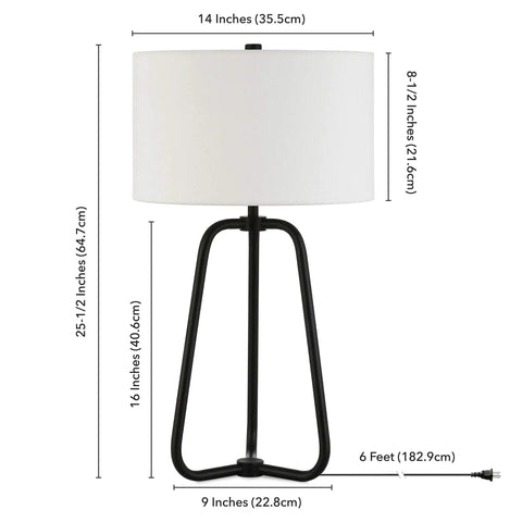 Cool Tall Table Lamp 25.5 Inches With Blackened Bronze Finish And White Fabric Drum Shade, showing dimensions and plug.