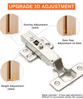 Two-Pack Precision Engineered Full Overlay Cabinet Hinges For Frameless Cabinets With Soft Close Concealed 3D Adjustable Hinges Plus Minus 3mm Left Right Heavy Duty Nickel Plated With Four Hole Mounting Plate And Screws Kimdot showing 3D adjustments