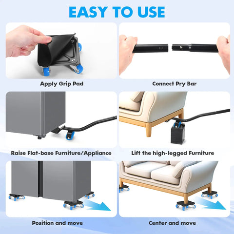 Sturdy 5 Wheel Furniture Mover Set For Up To 1000 Pounds, Heavy Duty Metal Dolly With Lifter Tool And Appliance Sliders, Easy One Person Move, Leverage Lets You Move Heavy Stuff With No Sweat, Smooth Rolling Wheels, Blue Finish