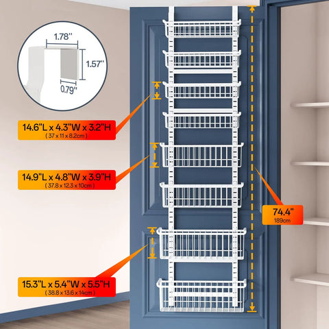 Over The Door Pantry Organizer Eight Tier With Adjustable Baskets Metal Hanging Spice Rack installed on blue door